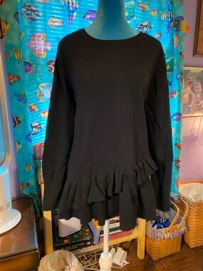 Black Ruffled Hem Long Sleeve Sweater